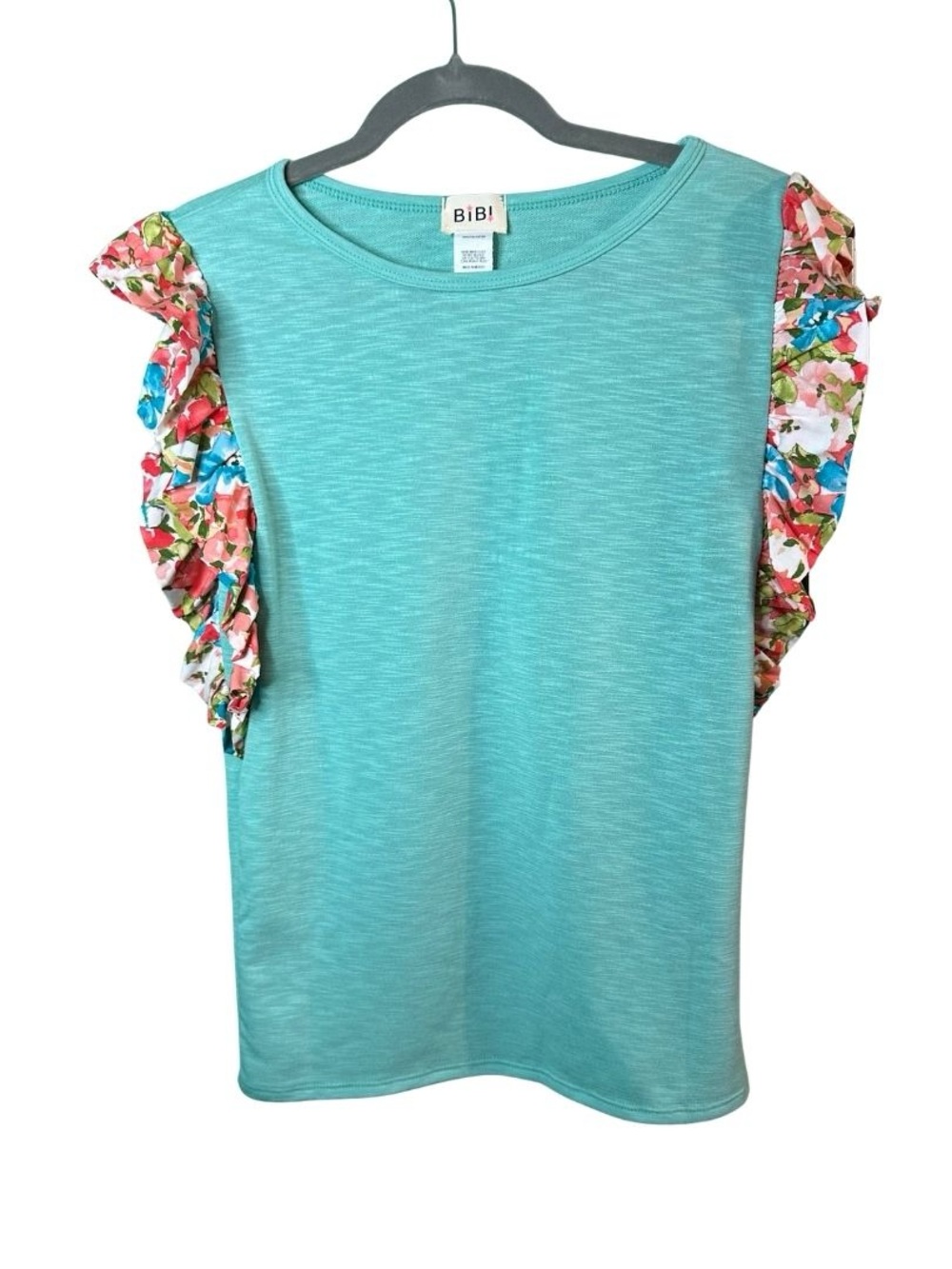 BiBi Aqua Floral Ruffle Sleeve Top